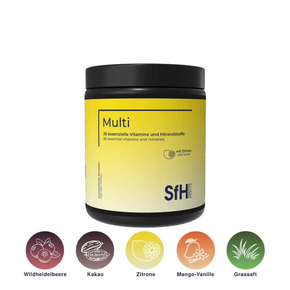 Multi von Science for Health mit Wildheidelbeere, Kakao, Zitrone, Mango-Vanille und Grassaft