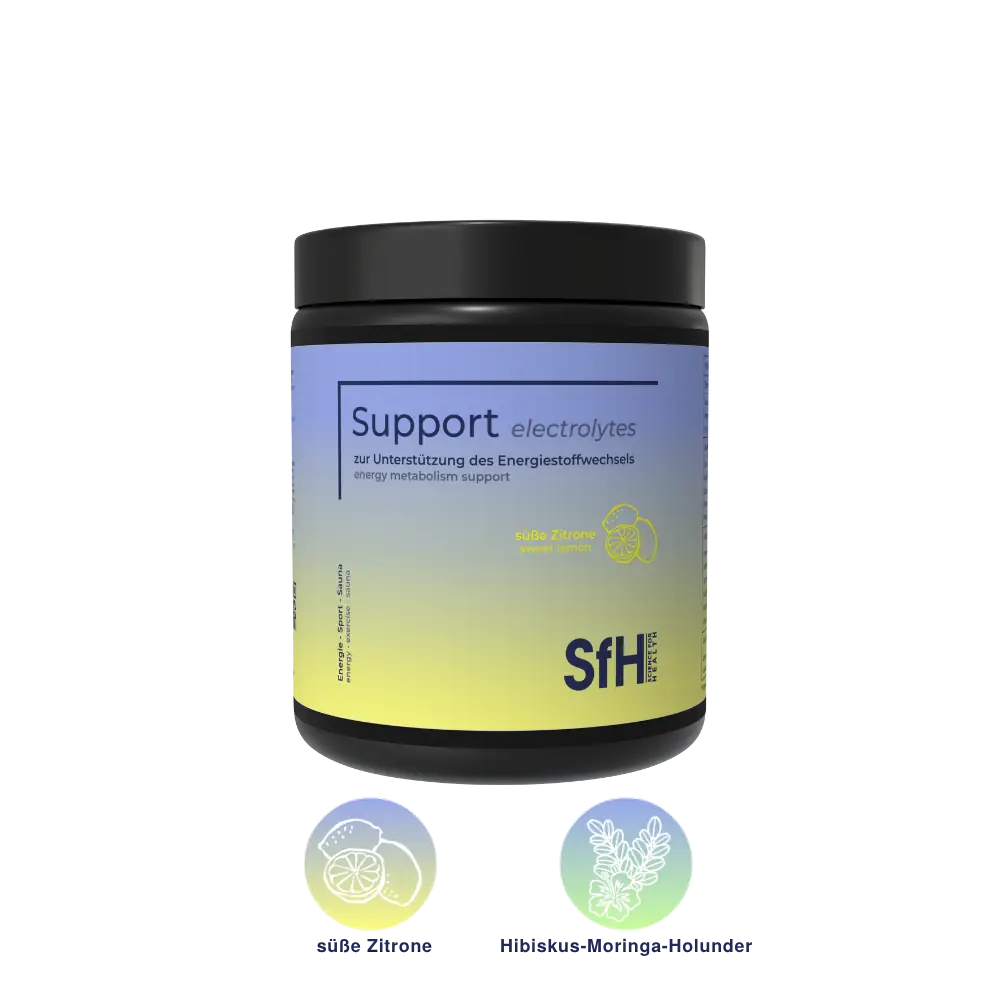 Support Elektrolyte von Science for Health – süße Zitrone und Hibiskus-Moringa-Holunder